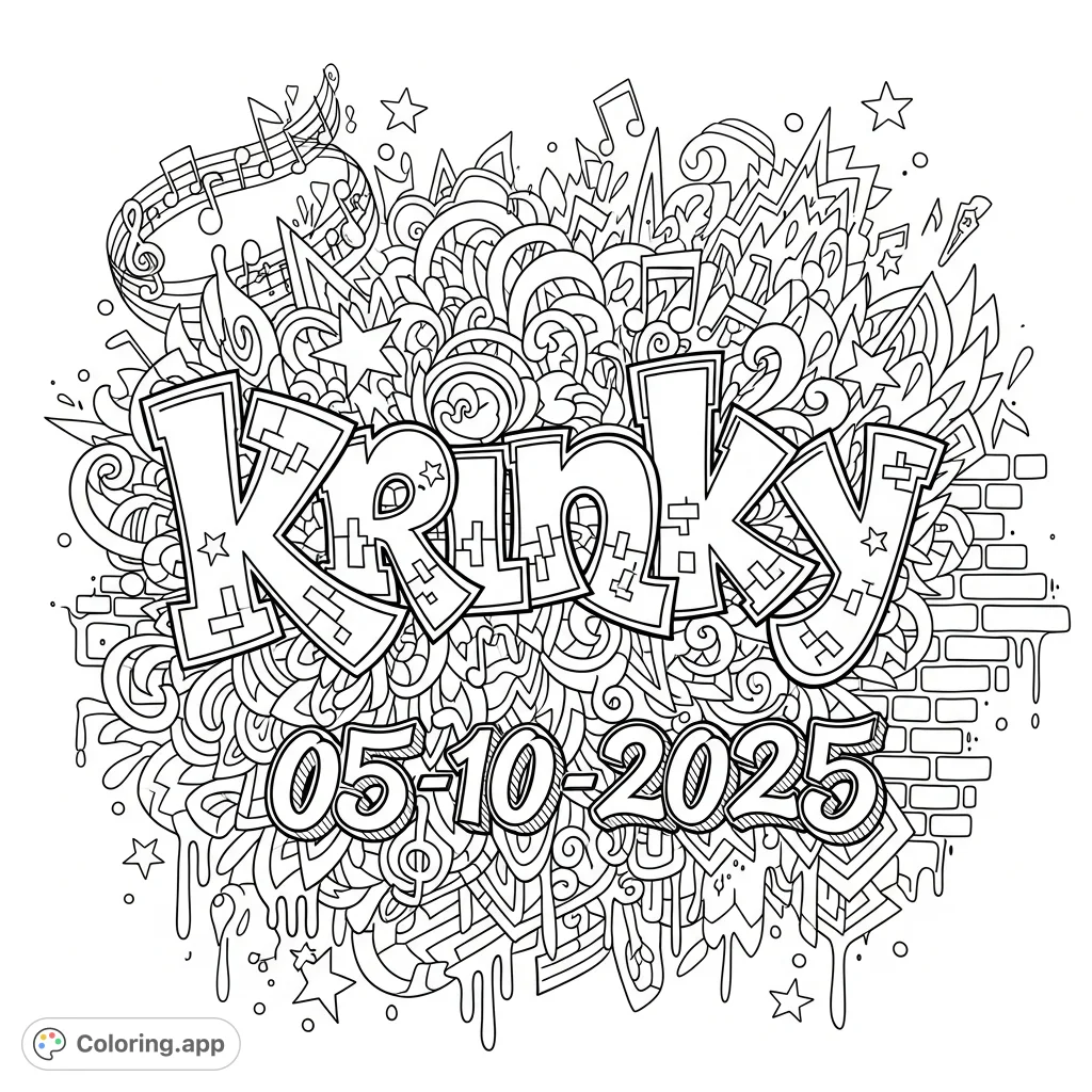Unleash creativity with this detailed graffiti coloring page featuring 'krinky' in bold letters, intricate patterns, and urban textures. A challenging street art design.