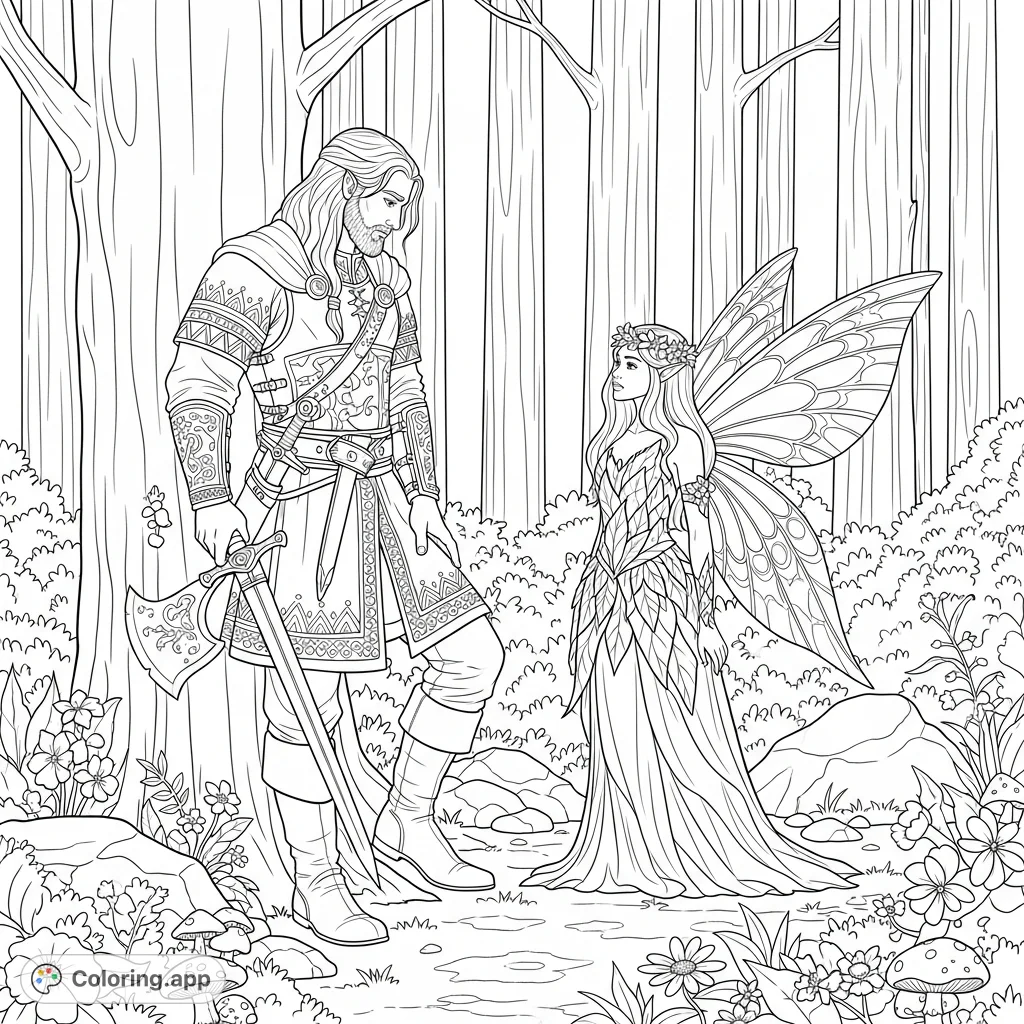 Discover a magical forest encounter with a human warrior and an ethereal fairy. This detailed fantasy coloring page invites intricate coloring and imaginative storytelling.