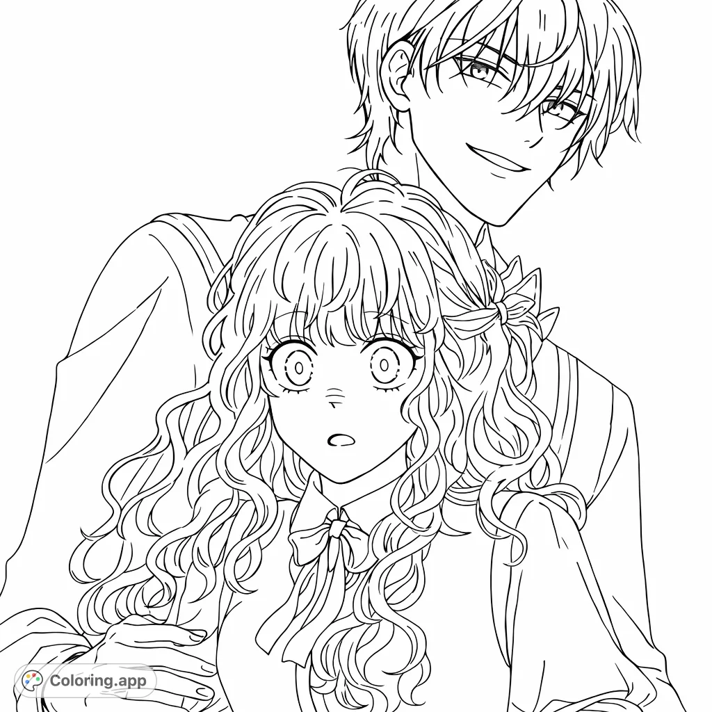 An expressive anime-style illustration featuring a young woman with wide eyes and curly hair, and a man with a sly smile behind her in an intimate scene.