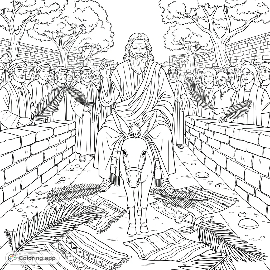 A solemn bearded figure on a donkey, greeted by a crowd with palm branches on a winding path, evoking a classic historic scene.