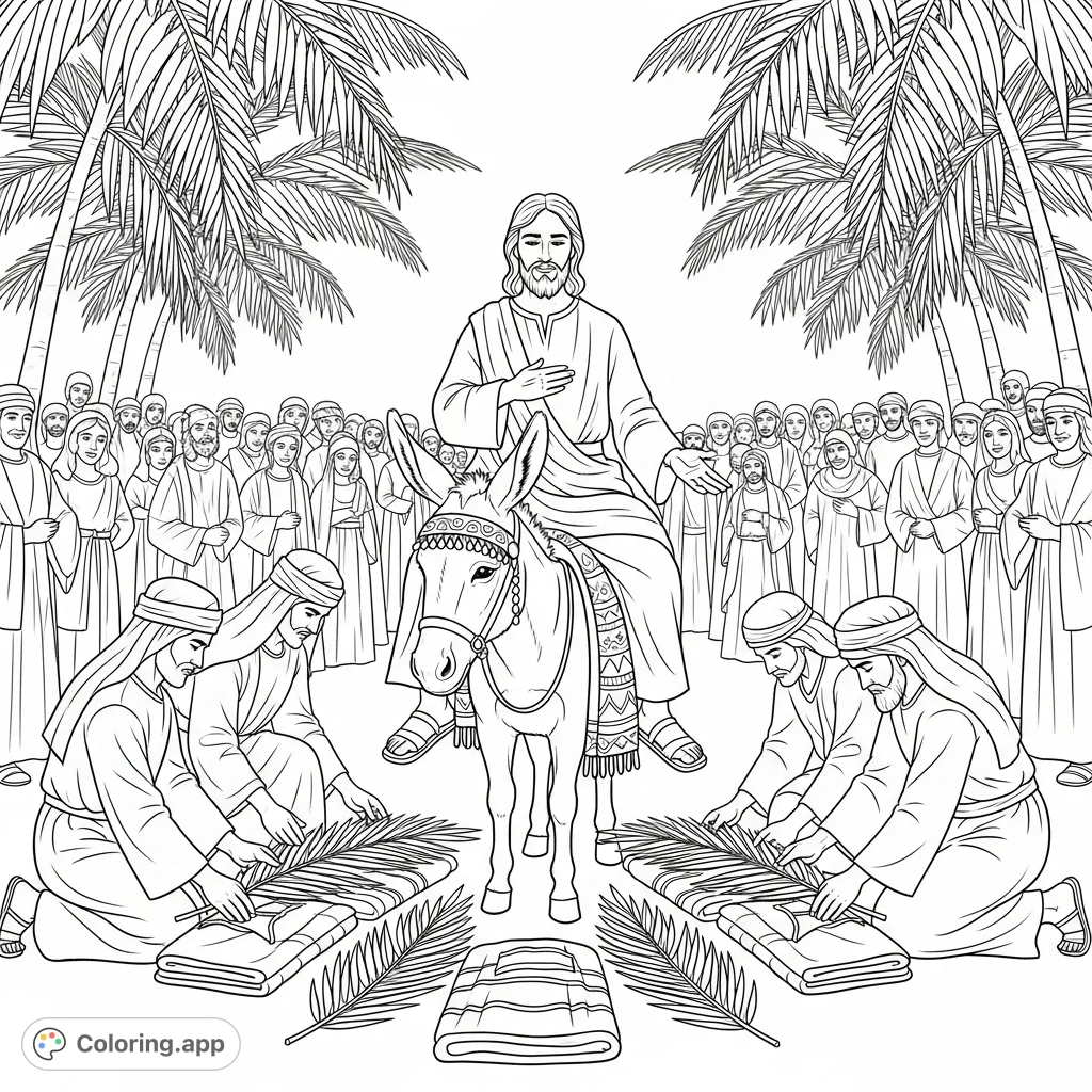 A reverent Biblical scene depicting a bearded figure on a donkey, surrounded by kneeling figures laying palm fronds and garments before a vast crowd.
