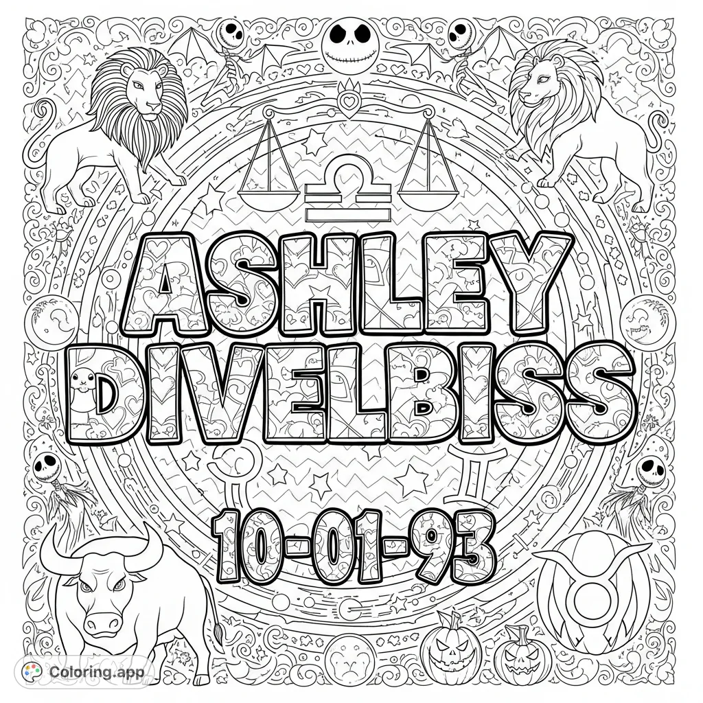 A unique Ashley Divelbiss coloring page featuring a Libra zodiac theme blended with Nightmare Before Christmas elements, personalized with a birth date and various zodiac symbols.