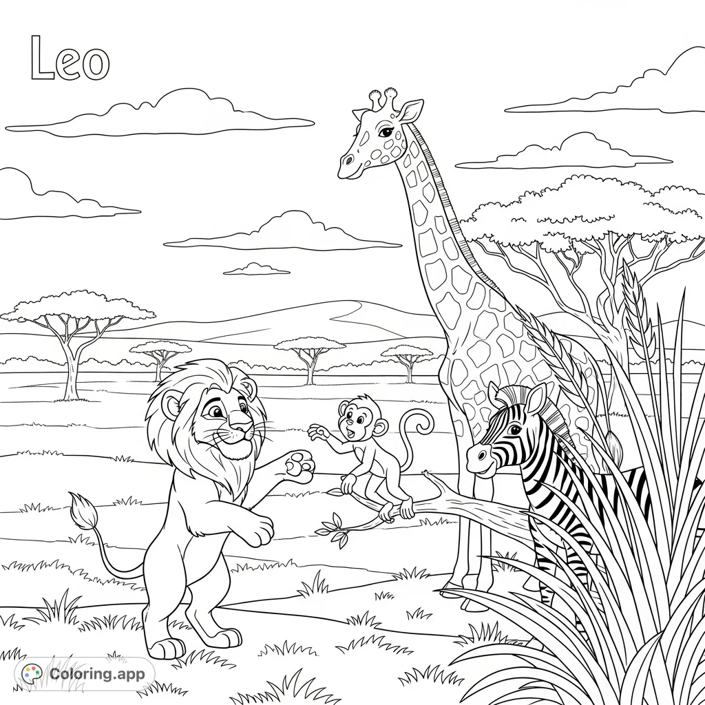 Join Leo the lion as he helps his animal friends in a heartwarming savanna scene, promoting kindness. A charming free printable coloring page for kids!