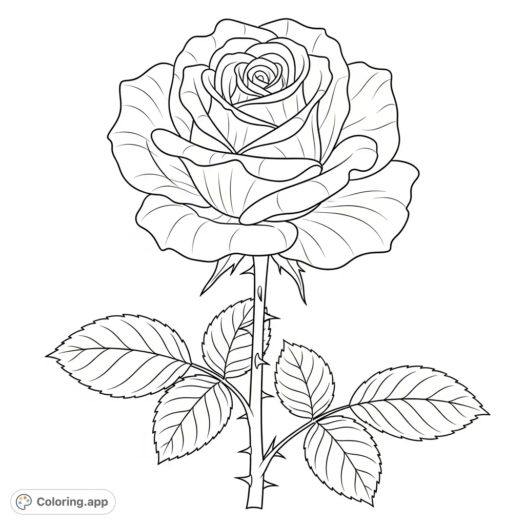 Discover the beauty of a single, detailed rose flower. Its unfurling petals, intricate leaves, and thorny stem offer a delightful canvas for your creativity.