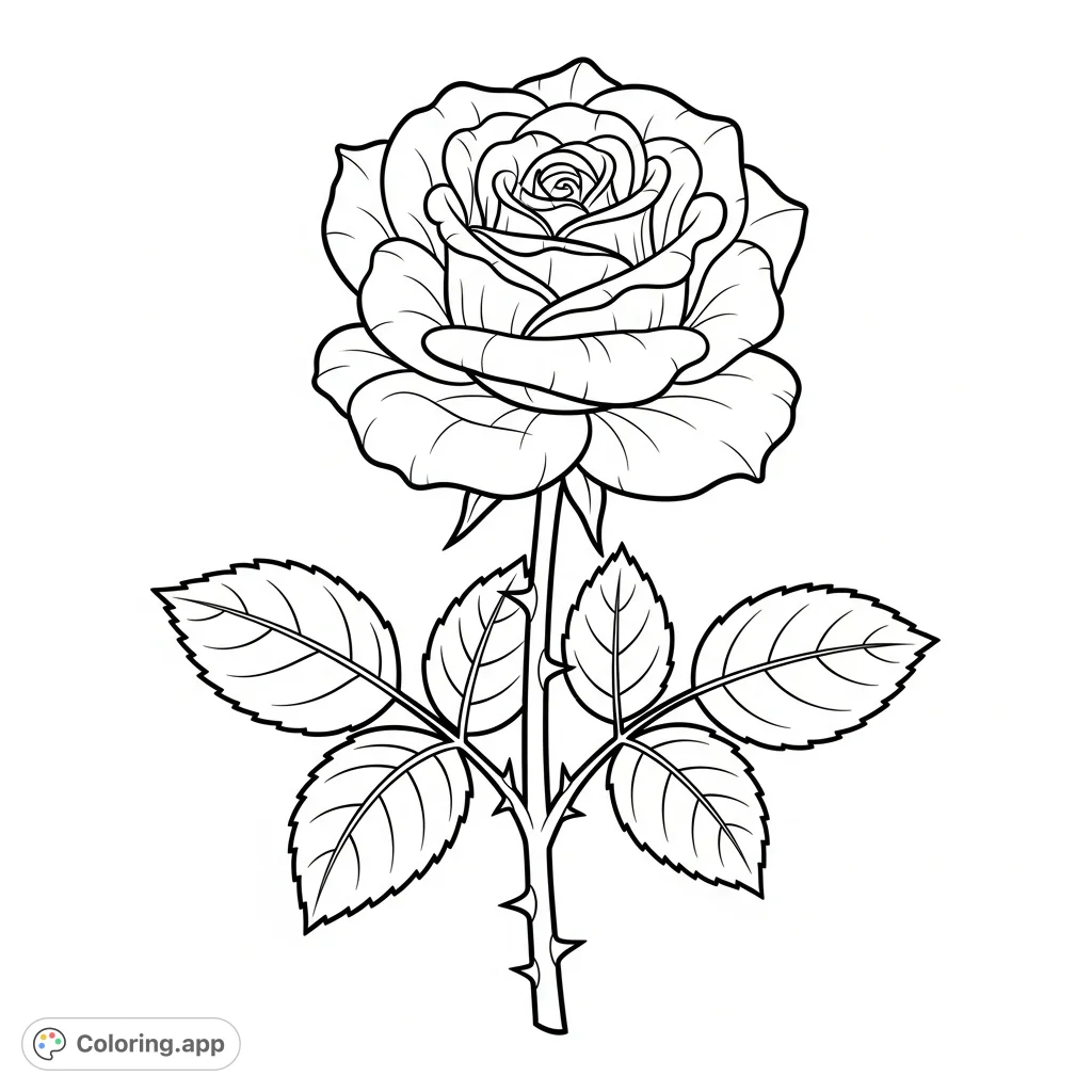 A delightful rose coloring page for kids, featuring a single, prominent rose with broad petals, a sturdy stem, and leaves, perfect for young artists.