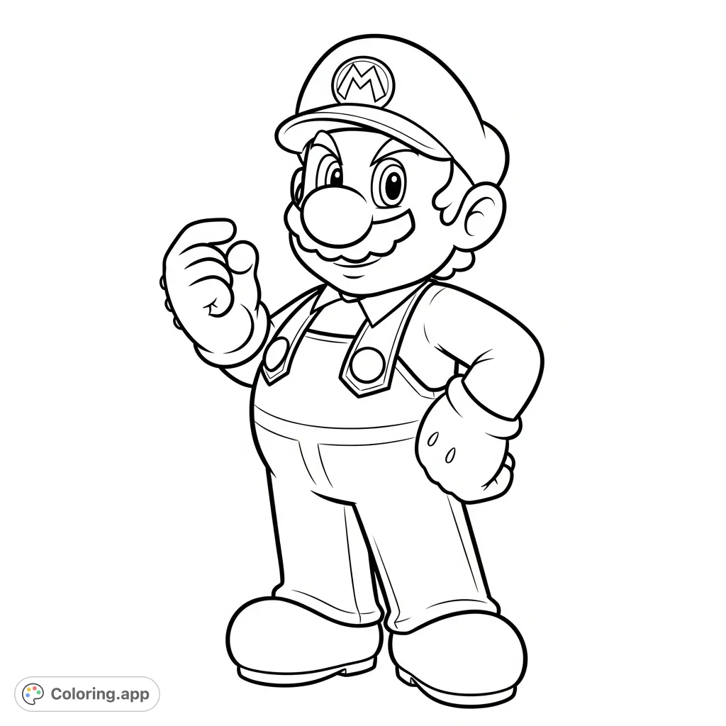 A classic Super Mario character coloring page, perfect for fans of all ages. Color Mario's iconic outfit and details without a background.