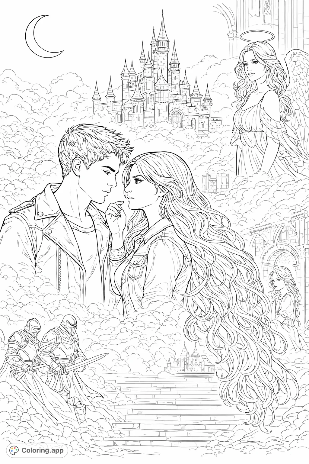 Immerse yourself in a captivating fantasy romance featuring a couple, a magical castle, angels, and mysterious figures, set against a celestial backdrop.