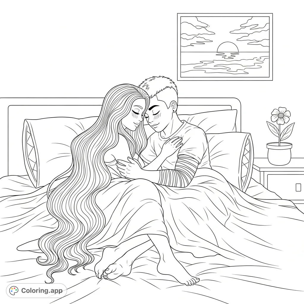 An intimate scene depicting a couple, a woman with floor-length hair and a man with a two-block haircut, closely intertwined in bed, exuding deep closeness.