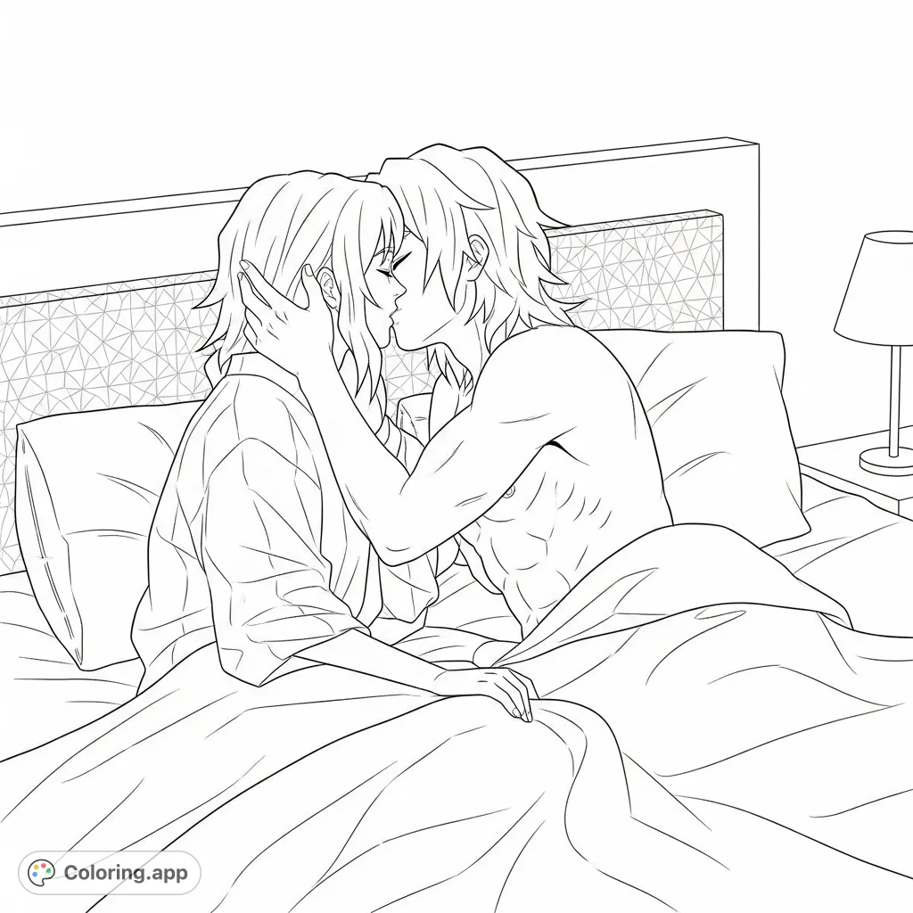 An intimate Kpop demon hunters coloring page featuring Rumi and Jinu sharing a tender kiss in bed, Jinu shirtless. A powerful scene for fans.