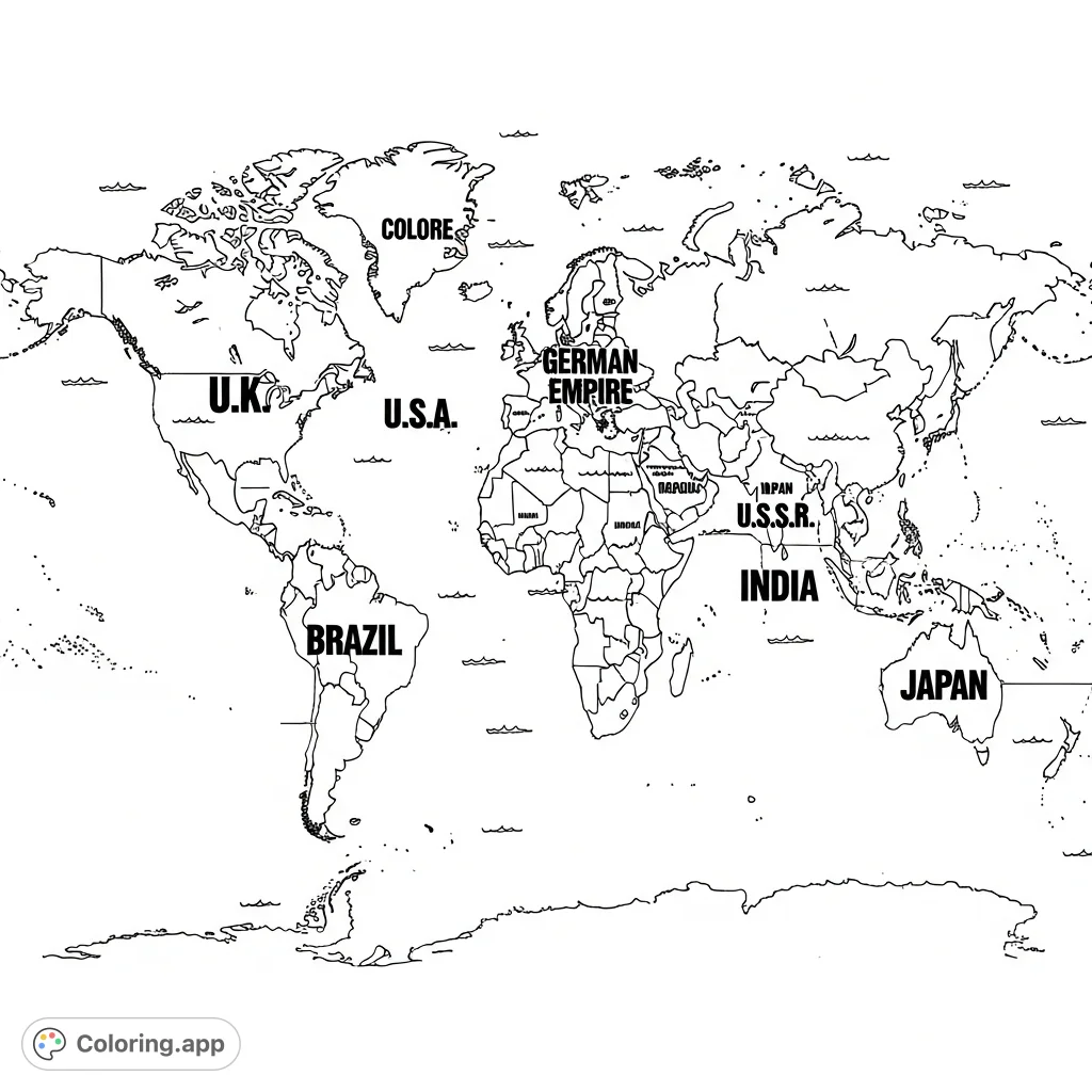 R, India, and Japan as global powers. A detailed geopolitical coloring page.