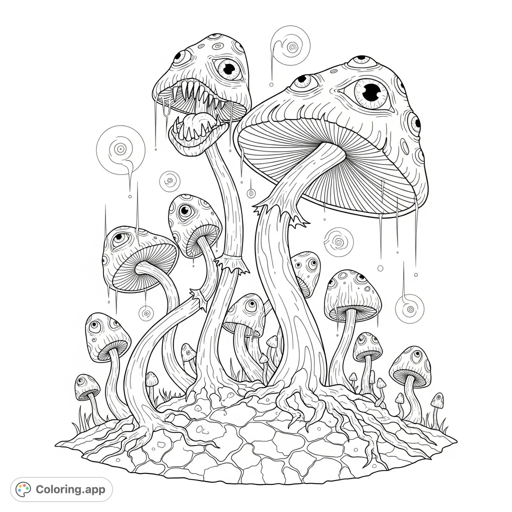 Explore a sinister forest of towering, distorted mushrooms with fanged caps and eerie eyes. A surreal, detailed scene inviting dark, imaginative coloring.