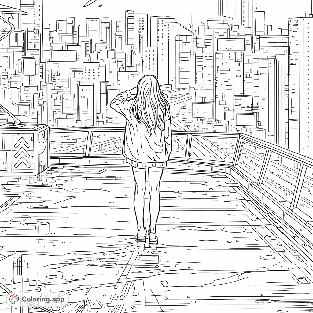 Explore a futuristic cityscape from a high-rise rooftop. A lone figure overlooks a vibrant metropolis, offering a compelling blend of urban grandeur and personal reflection.