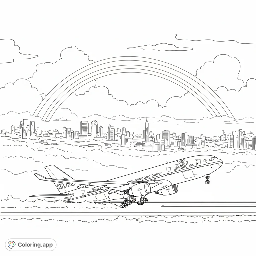 A KLM airplane takes off above a foggy cityscape, with a vibrant rainbow arching overhead. Perfect for aviation and city lovers.