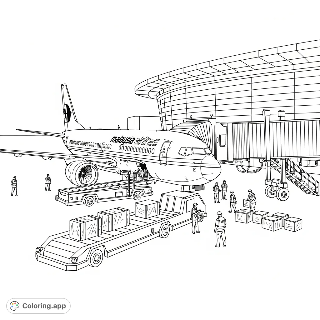 Malaysian Airlines 737-8 at an airport gate, with ground crew and a conveyor belt, against the airport building. A bustling aviation scene ready for your colors.