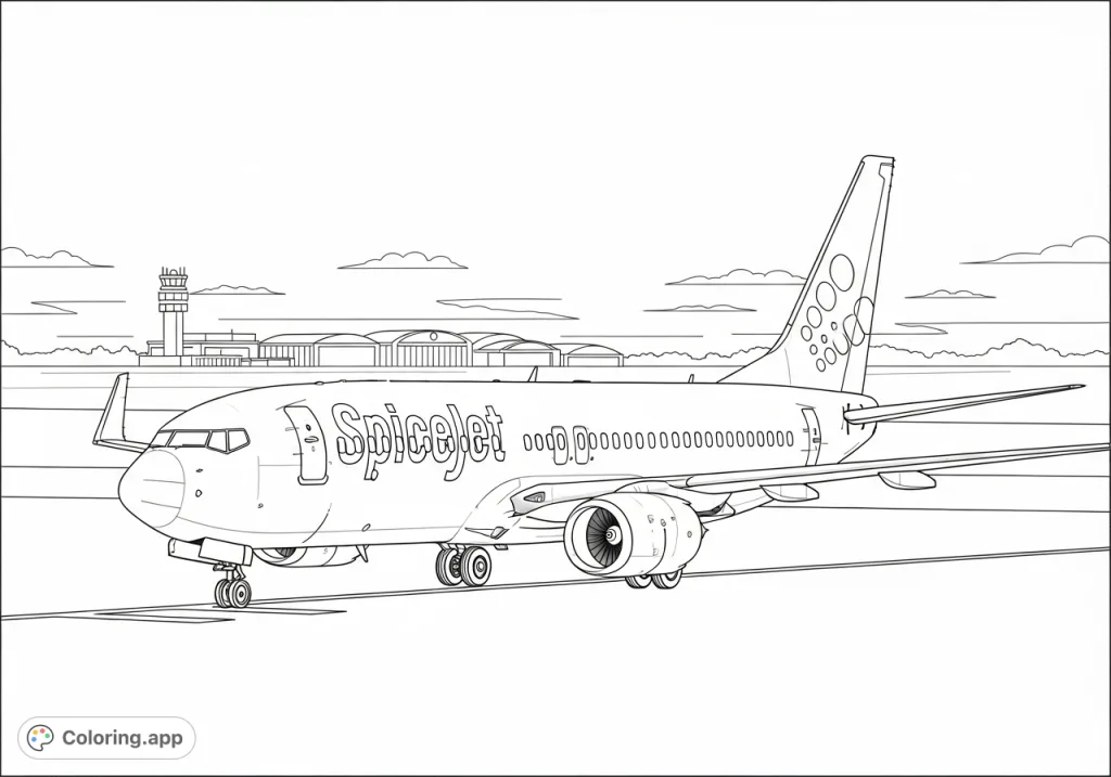 Color a detailed Spicejet Boeing 737 on a tarmac, featuring its iconic branding, extended landing gear, and a bustling airport background. Perfect for aviation enthusiasts!