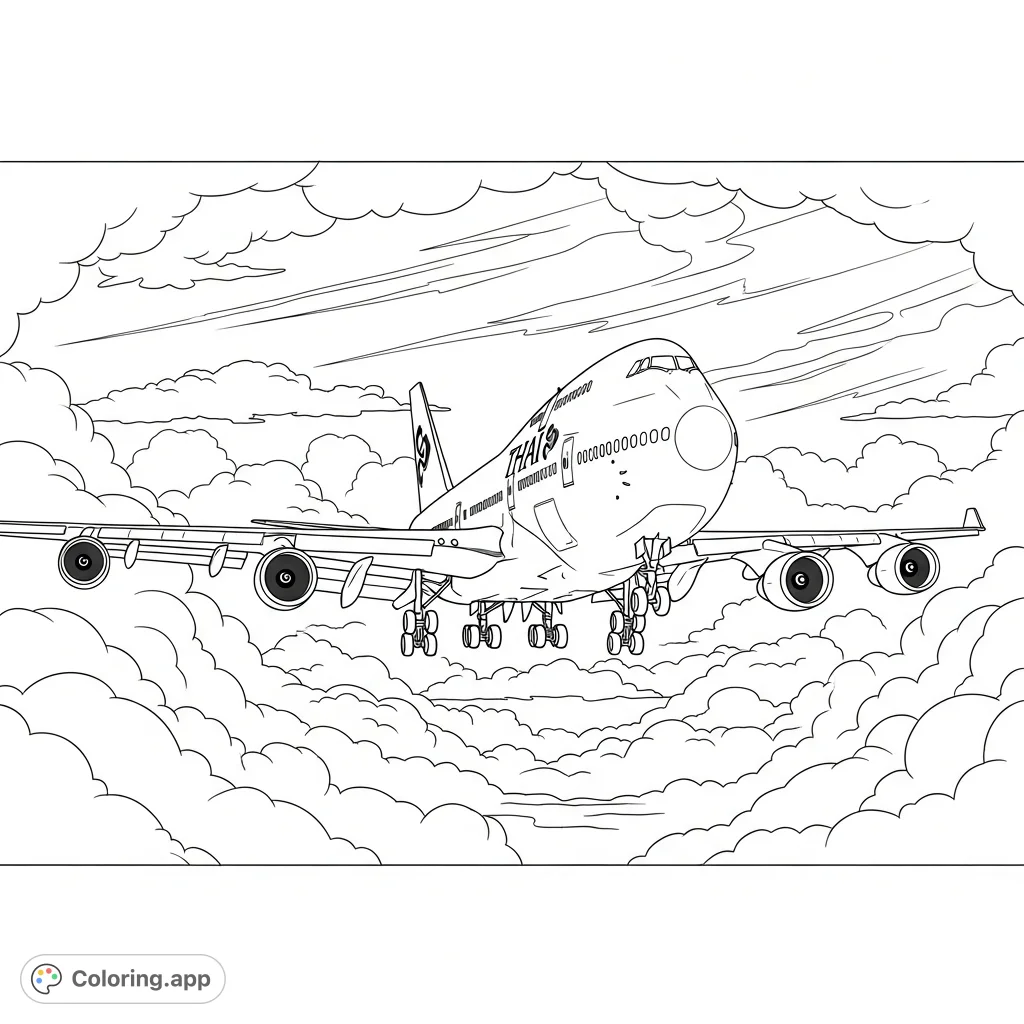 A majestic Thai Airways 747-400 navigates a stormy night sky, battling strong winds and dense fog. Experience the drama of aviation in this thrilling page.