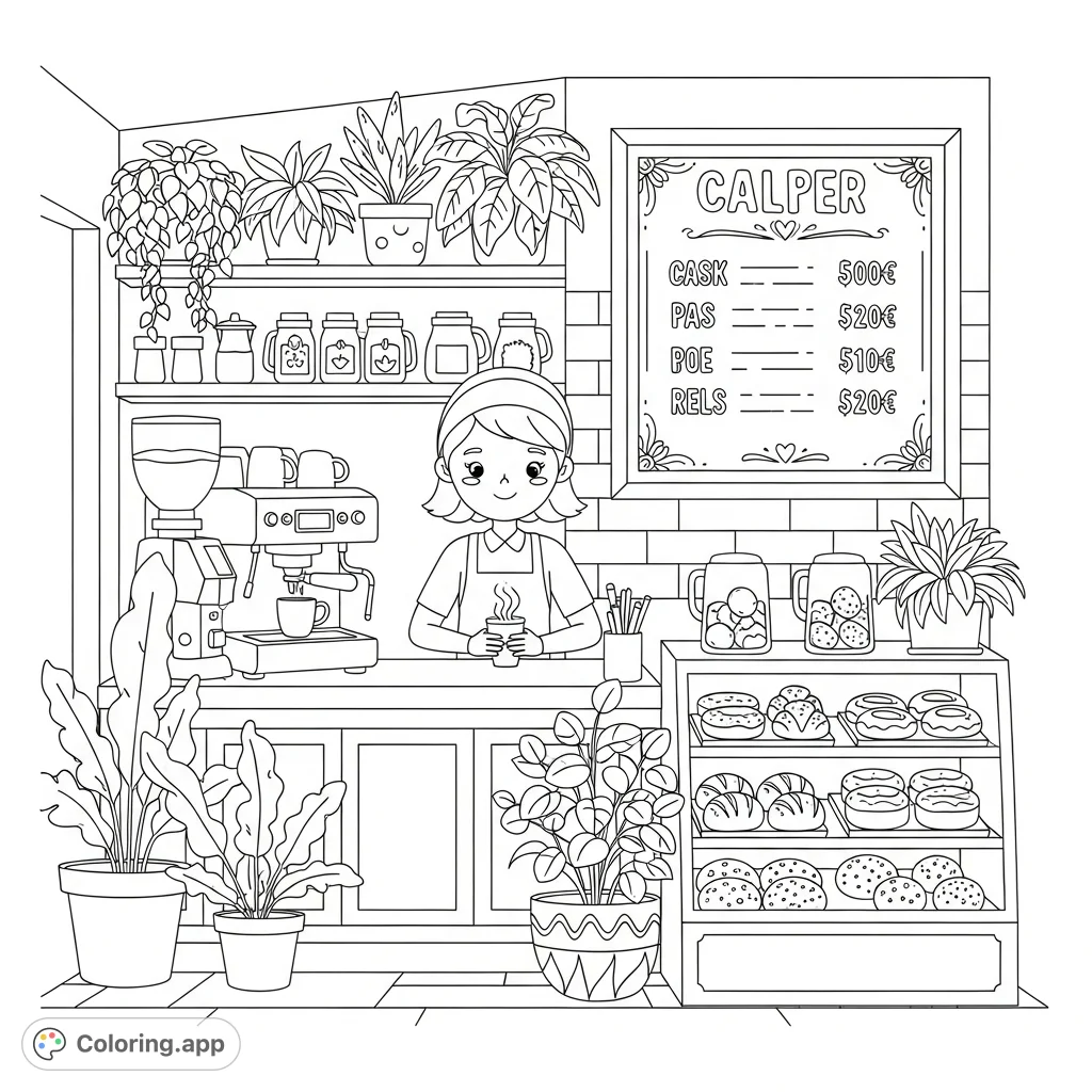A charming kawaii cafe scene with a cheerful barista crafting coffee, surrounded by delightful pastries, lush plants, and a whimsical price board.