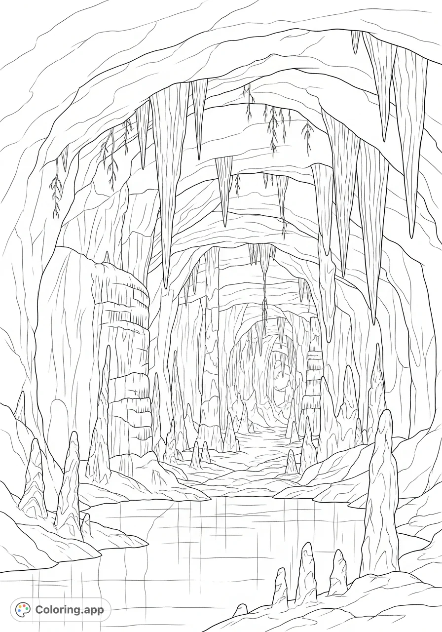 Explore an intricate subterranean world with magnificent rock formations, shimmering water, and hidden passages. A captivating adventure in a caves and caverns coloring page.