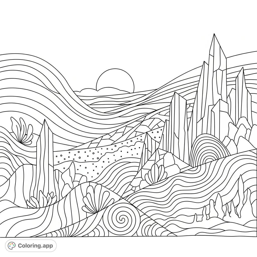 Explore an abstract landscape coloring page featuring a captivating blend of geometric and organic shapes, perfect for creative expression and mindful coloring.