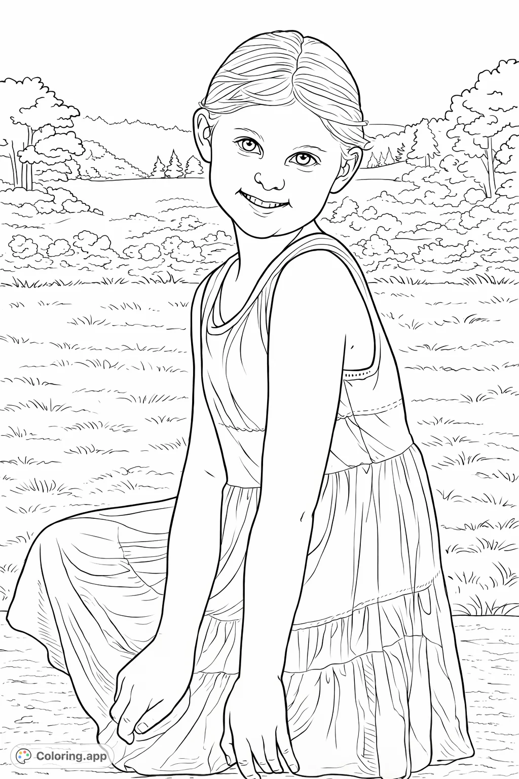 A delightful coloring page featuring a smiling young girl in a tiered dress, posed happily outdoors against a soft natural background. Perfect for young artists.