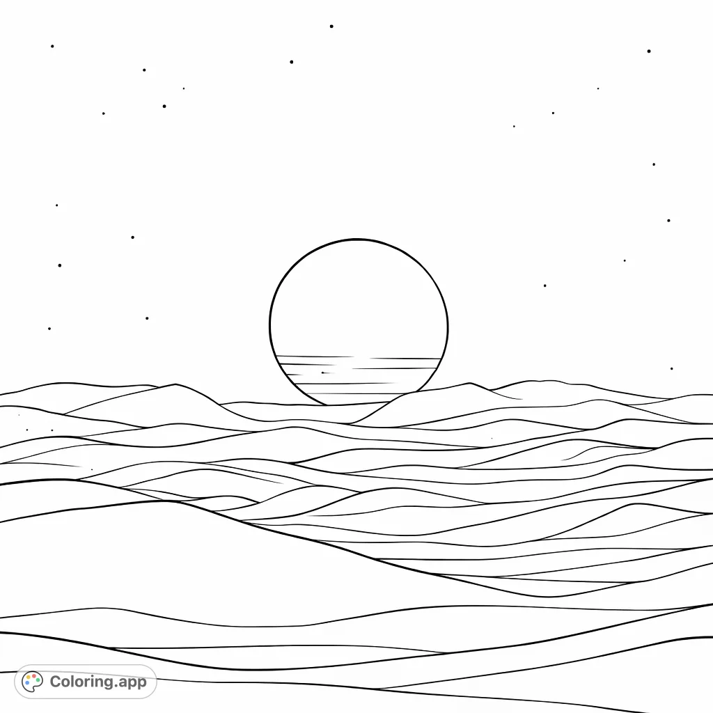 Explore a serene, otherworldly landscape with vast rolling dunes under a grand celestial body. Perfect for a tranquil, imaginative escape.