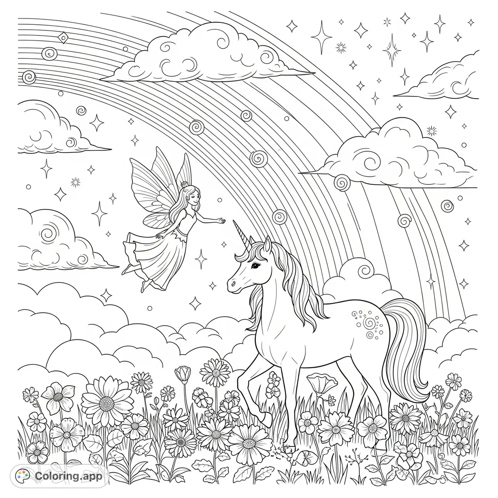 Unicorns, fairies, and magic abound in this enchanting coloring page. Explore a whimsical world filled with fantasy creatures and ethereal beauty.