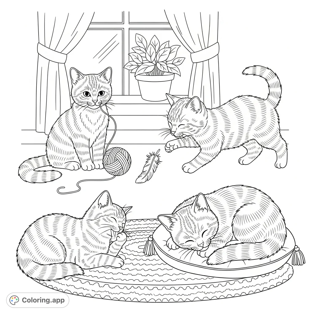 Discover an adorable collection of playful small cats in a cozy home setting, perfect for bringing vibrant life to each furry friend. A charming small cats coloring page!