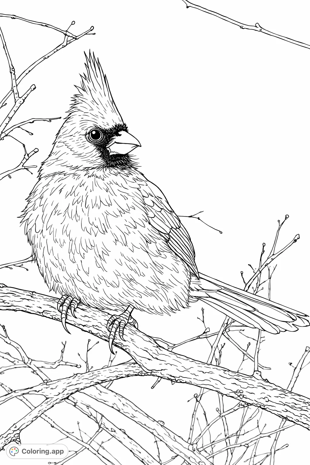 Discover a beautiful crested bird perched on a winter branch, ready for your creative touch. A perfect nature-themed coloring page.