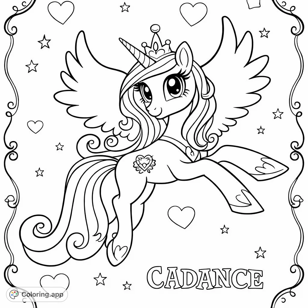 A charming alicorn pony princess, adorned with a crown and graceful wings, poses elegantly amidst a whimsical background of hearts and stars. Features the name CADANCE.