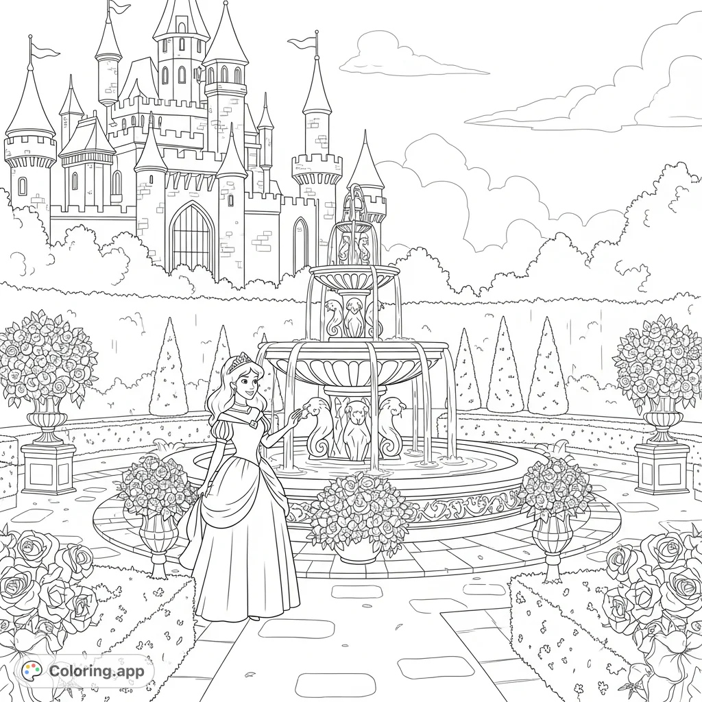 A graceful princess stands beside an ornate fountain in a lush castle garden, surrounded by exquisite flora and the majestic castle in the background.