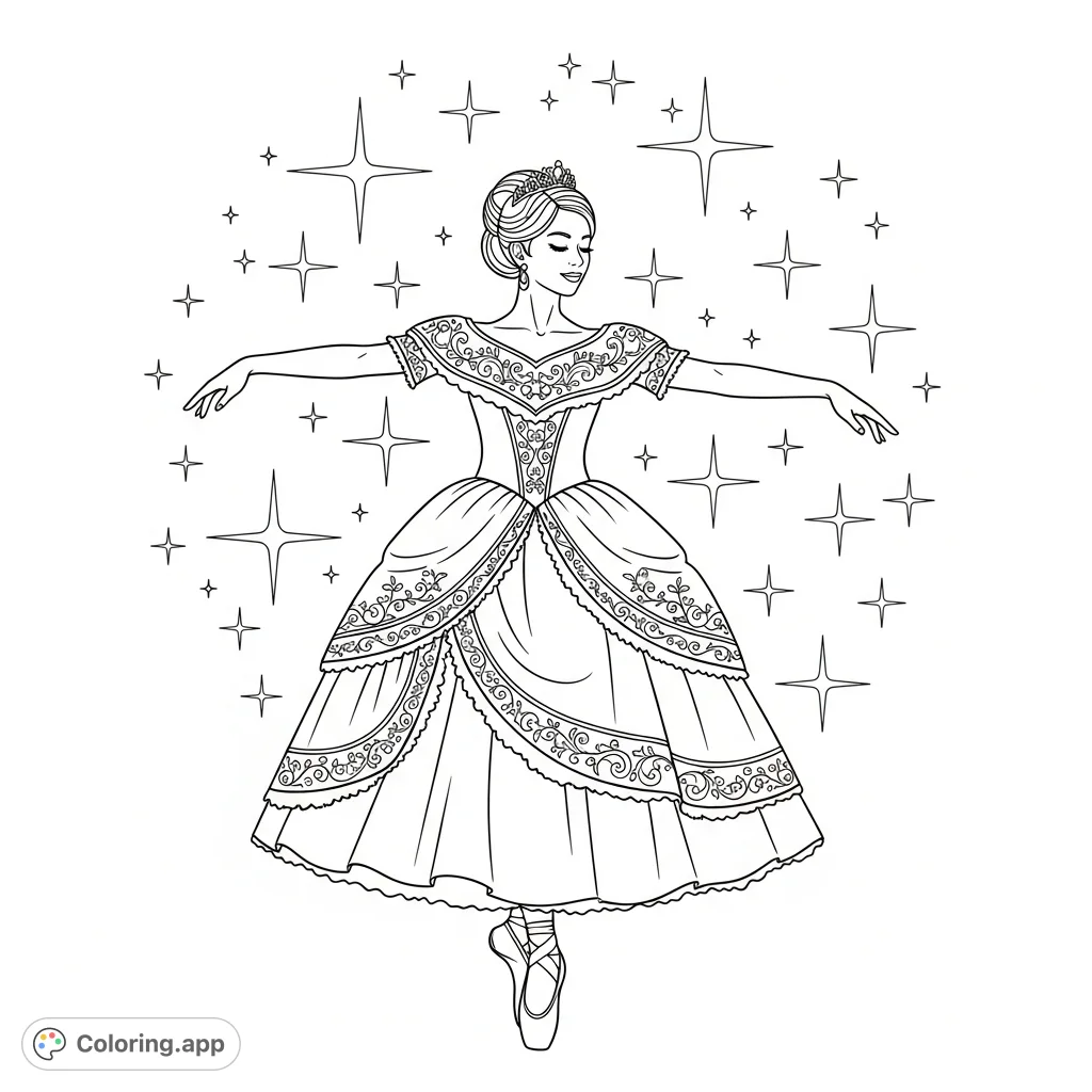 An elegant Quinceanera girl in a traditional ballet dress, posing en pointe amidst sparkling stars. An enchanting scene perfect for graceful coloring.