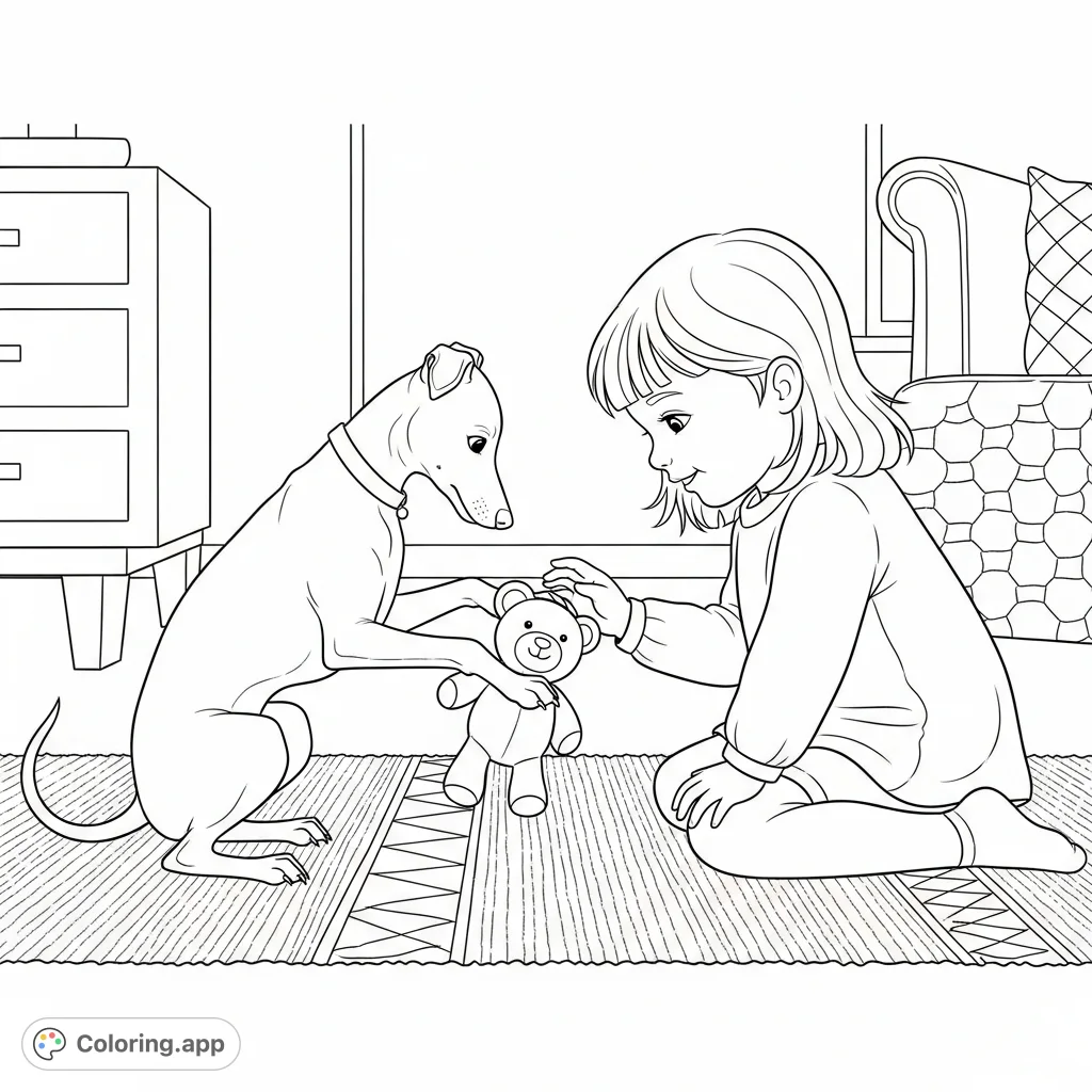Girl and Italian Greyhound Puppy - Coloring.app
