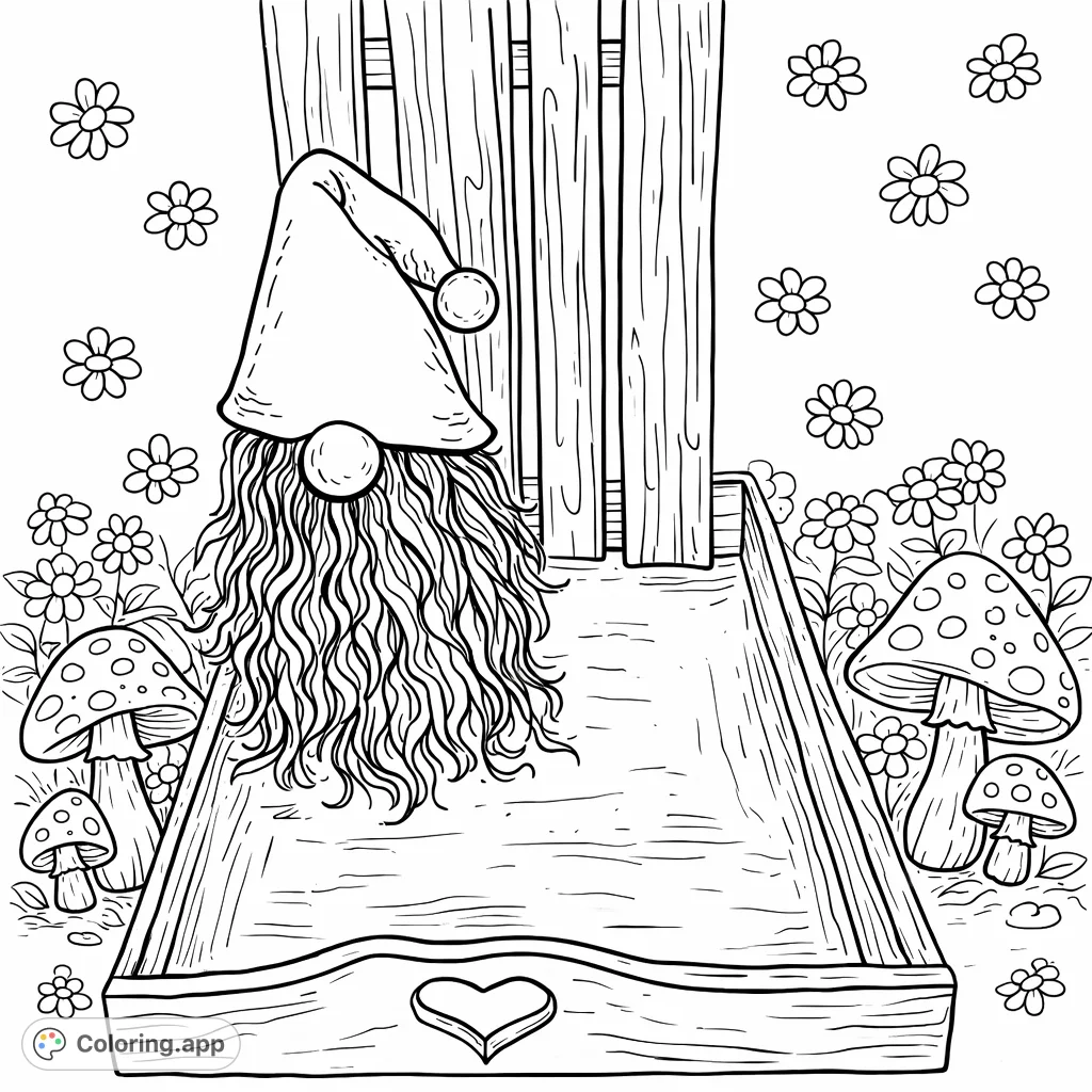 Discover a charming gnome nestled in a garden tray, perfect for a whimsical coloring adventure! Features a flowing beard, pointed hat, and delightful floral patterns.