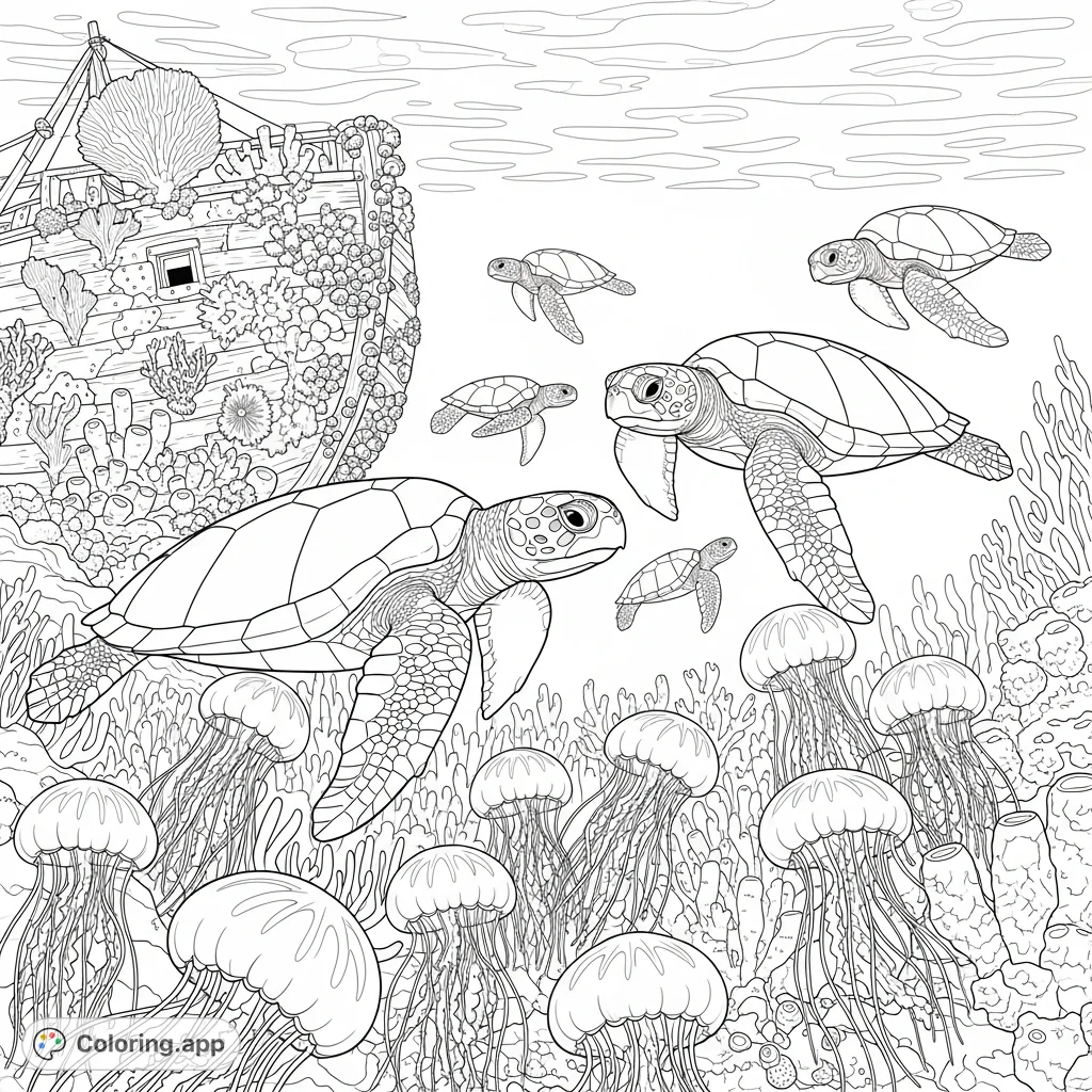 A majestic sea turtle family gracefully glides through shimmering waters, surrounded by translucent jellyfish and a detailed sunken ship. An enchanting underwater journey awaits your creative touch.