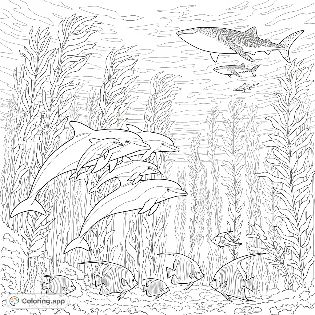 Dive into a serene underwater kelp forest teeming with life: playful dolphins, elegant angelfish, and majestic whale sharks glide through sun-dappled waters.