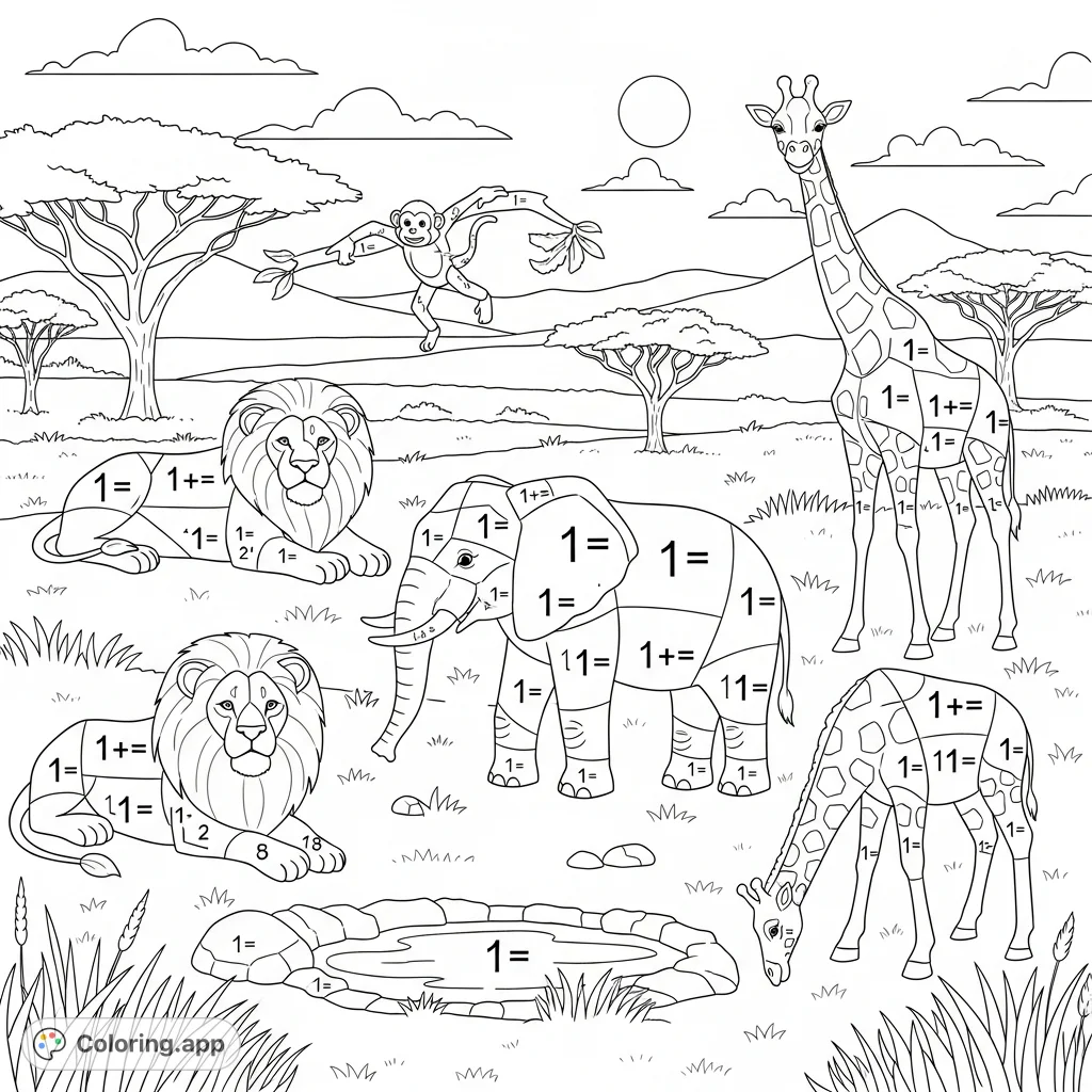 Discover a fun animal addition mystery coloring page! Solve simple math problems with '1' to reveal a vibrant safari scene.