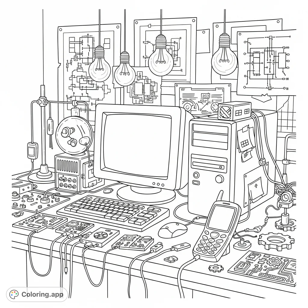 Explore the genesis of innovation with a detailed coloring page depicting the invention of modern technology, featuring early computers, mobile phones, and intricate circuitry.