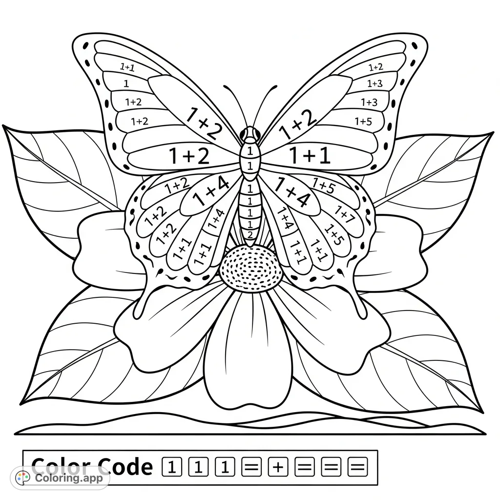 Engage in learning with this charming butterfly coloring page featuring simple addition equations using '1's and a handy color code key.