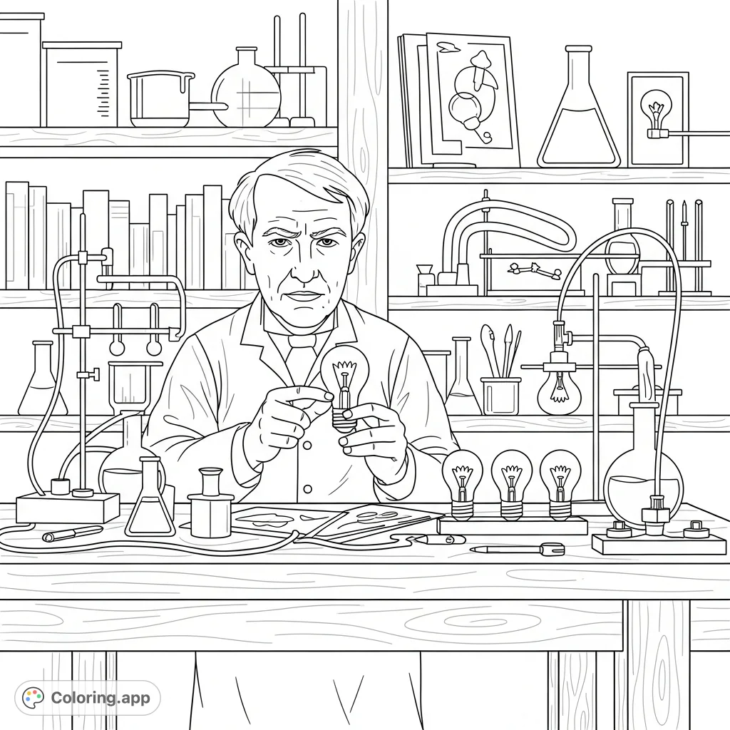 An inspiring scene captures Thomas Edison in his laboratory, surrounded by experimental equipment, holding an early light bulb, symbolizing innovation and discovery.