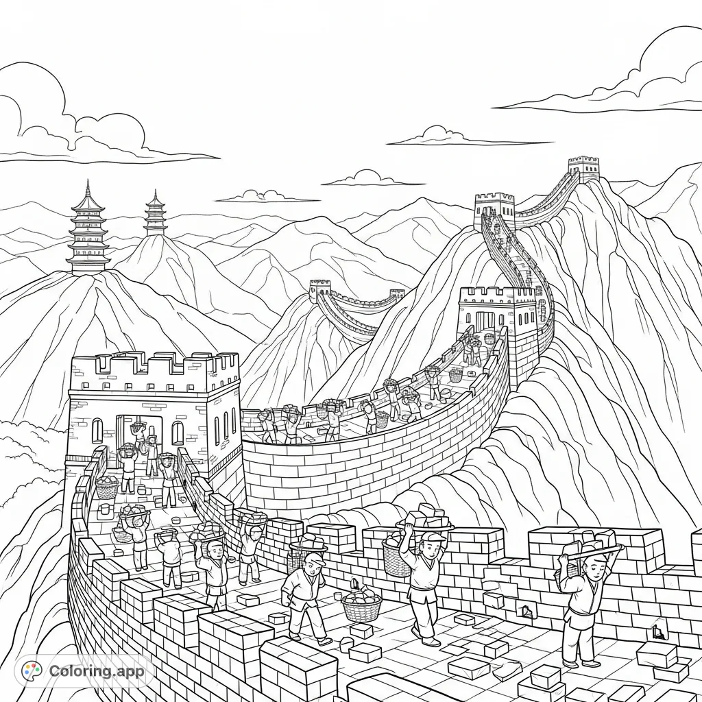 A detailed Great Wall of China coloring page showing laborers building the massive structure across rugged mountains with distant pagodas and drifting clouds.