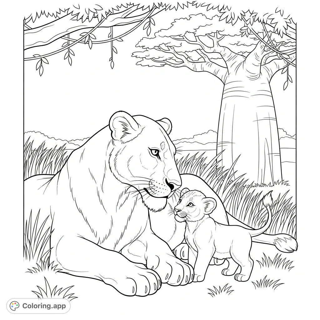 Experience the tender bond between a majestic lioness and her playful cub amidst the savanna grasses and a gnarled baobab tree.