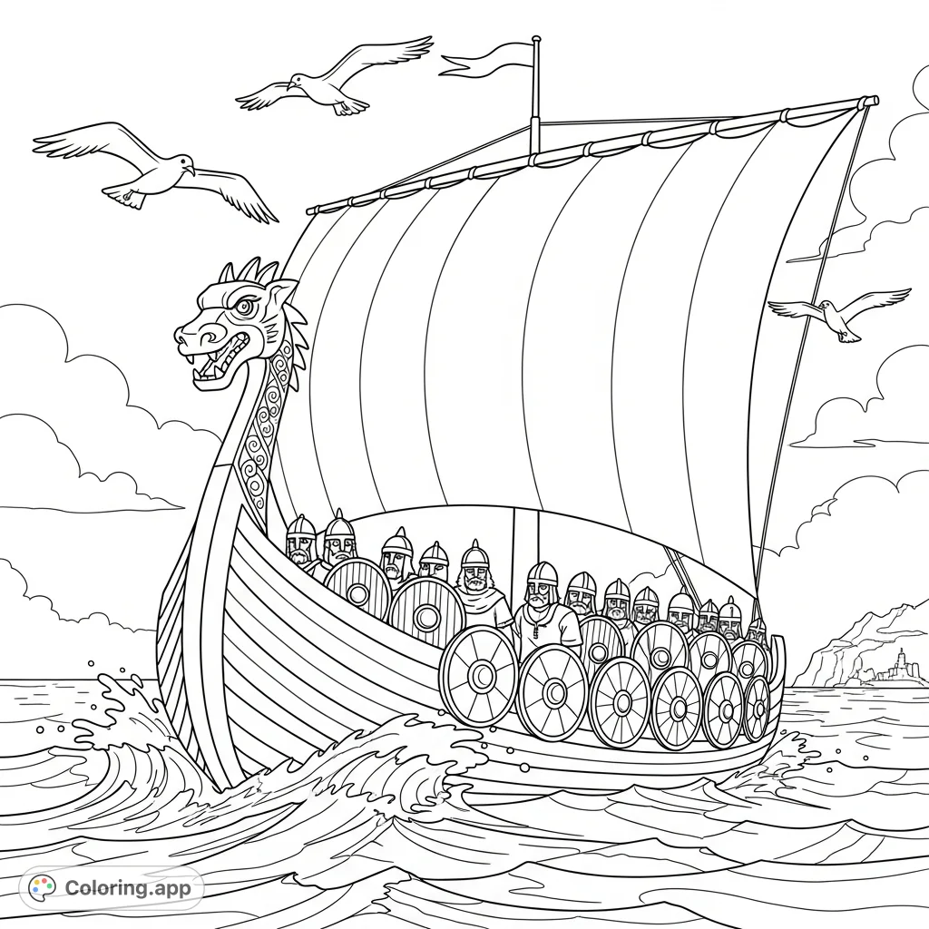 A powerful Viking longship sails through a dynamic ocean, filled with warriors, a majestic dragon prow, and a billowing sail. Perfect for adventure enthusiasts.