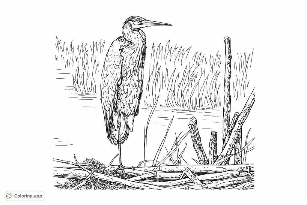 Discover a majestic heron standing gracefully on a tangle of branches, with water and lush foliage in the background. A serene nature scene awaits your creative touch.