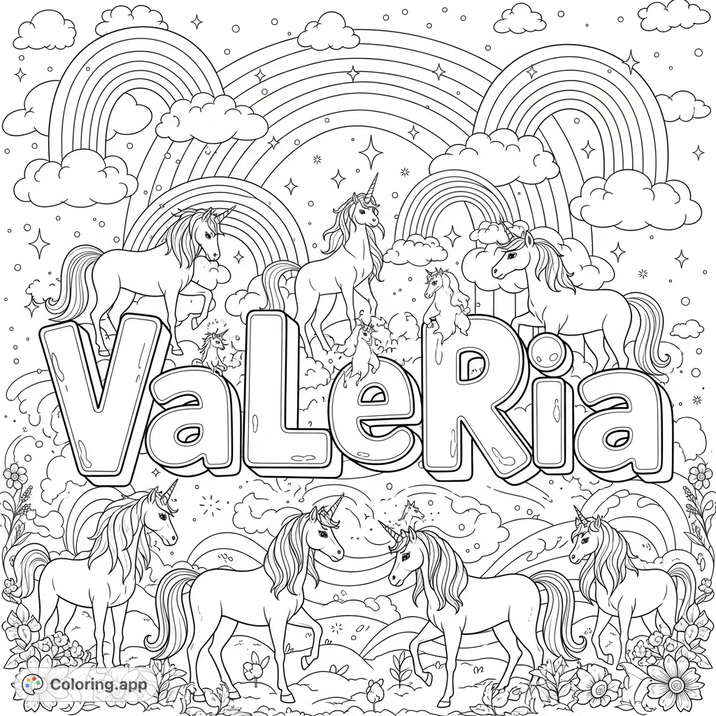 A magical VaLeRia coloring page featuring the name in playful, sculpted letters, surrounded by graceful unicorns and vibrant, arcing rainbows among soft clouds.