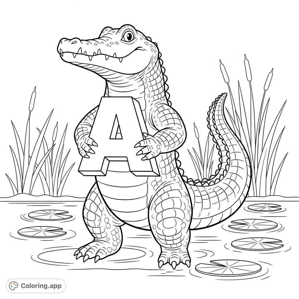 Discover a friendly alligator holding the letter 'A' amidst swamp grasses and lily pads. A fun and educational alphabet coloring page for kids.
