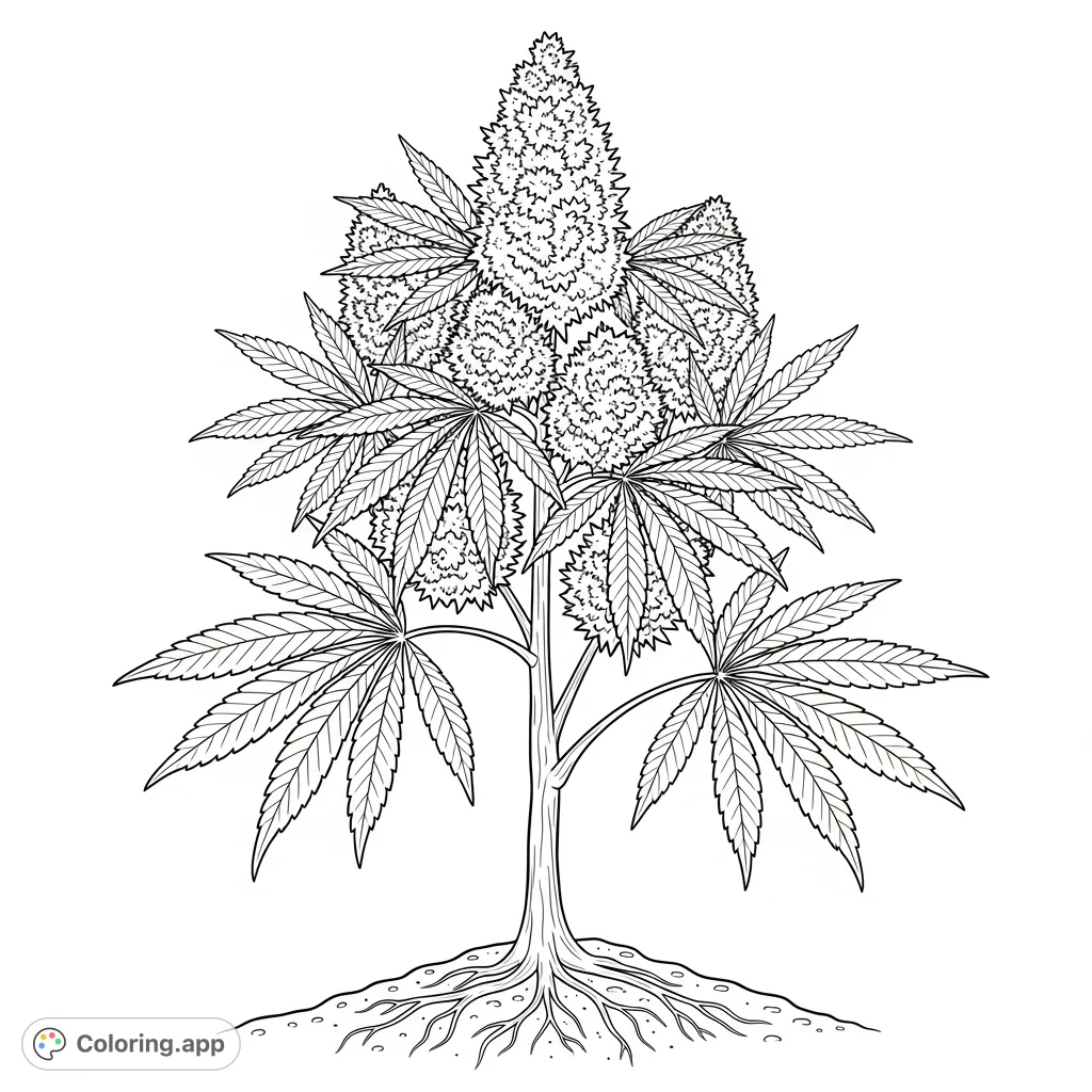 An intricate weed plant coloring page featuring detailed palmate leaves, textured flower clusters, and a sturdy stem, perfect for adult colorists.