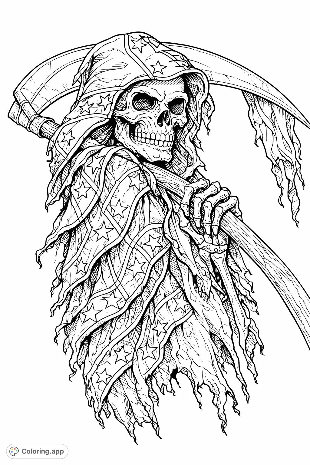 An intricate coloring page featuring a detailed grim reaper-like figure holding a scythe, draped in a tattered, star-emblazoned garment. Perfect for adult colorists.