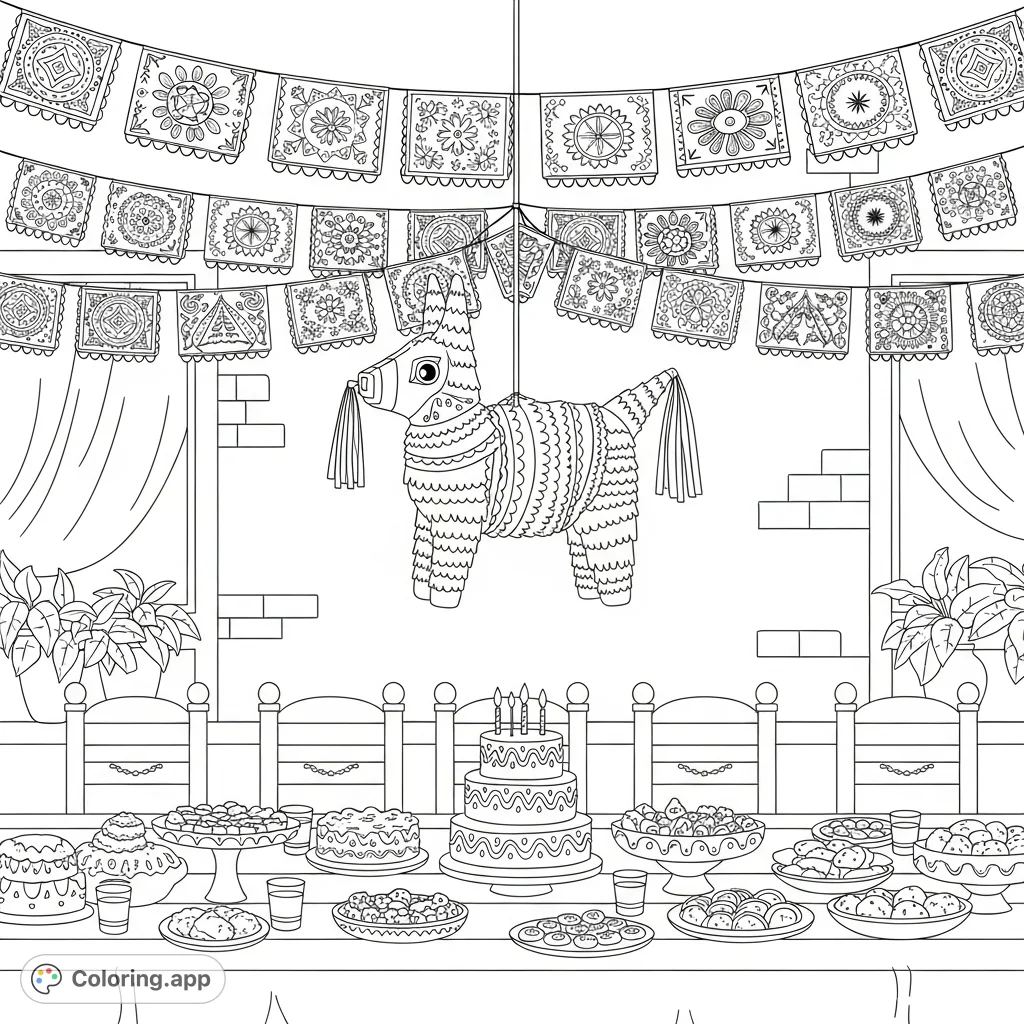 Celebrate with this festive Mexican birthday party coloring page! Features a piñata, papel picado, and a table laden with treats.