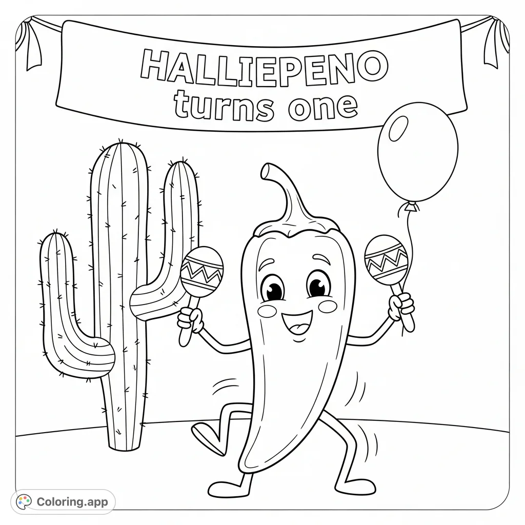 Celebrate Halliepeno's first birthday with this lively coloring page featuring a dancing jalapeno, maracas, a cactus, and a festive 'Halliepeno turns one' banner!