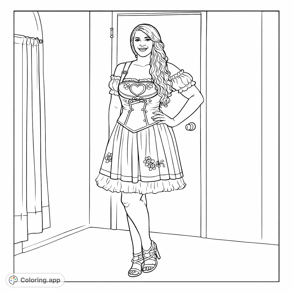 Color a charming woman in a traditional-style dirndl costume, complete with intricate details, perfect for a cheerful and cultural coloring experience.